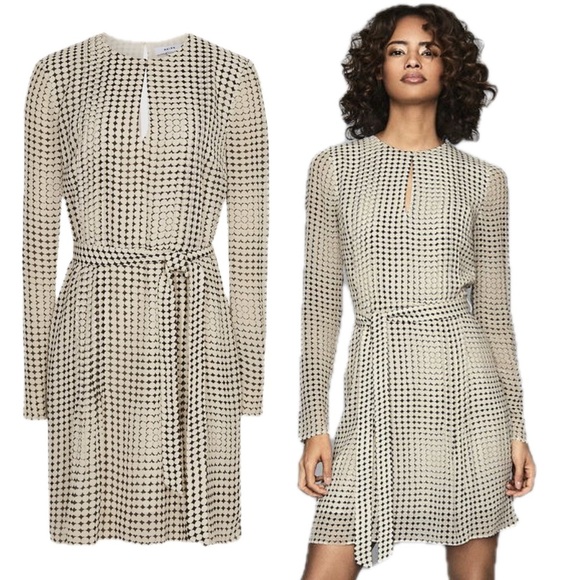 REISS Elissa White Black Spot Monochrome Long Sleeve Mini Fit Flare Tie Dress - Picture 1 of 17